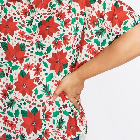 Poinsettia Print Loose Top. Little Party Dress Serena Flowers of Christmas Top. - Picture 2 of 10